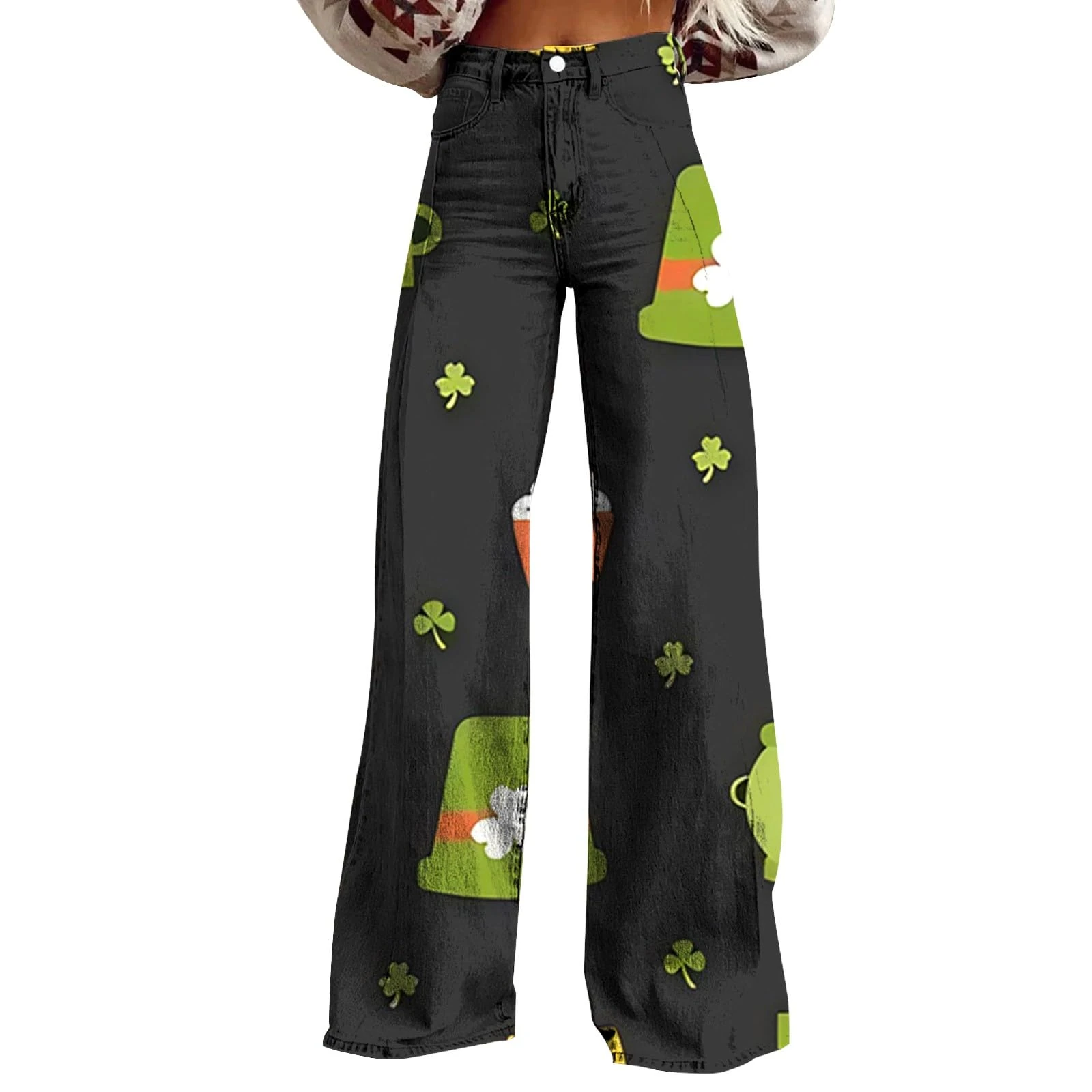 FNKDOR Wide Leg Pants Woman High Waist Floral Patterned Pants Lightweight Loose Fit Casual Colorful Trouser Imitation Jeans Big and Tall Beach Pants (2-Black, M)