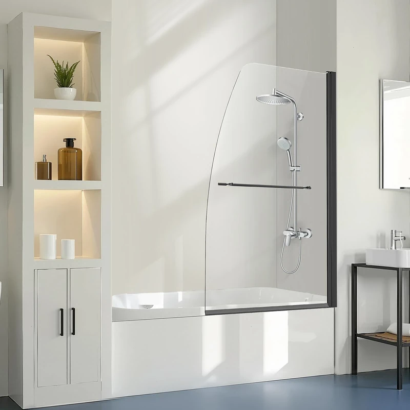 VEVOR Frameless Bathtub Shower Door, 34 in. W x 55 in. H, Half for Bathtub, 180° Rotatable Tempered Glass, Half with 1/4 in Tempered Glass Bathroom Screen, Black