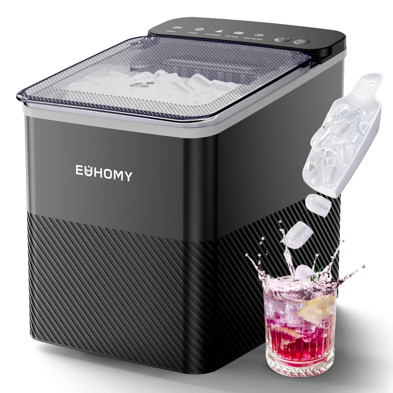 EUHOMY Countertop Ice Maker, Ice Machine with One-Touch Control and Automatic Cleaning, Produces 9 Cubes 2 Sizes,12kg/24h, Smart Reminders, Transparent Lid, for Office/Kitchen/Bedroom/Living Room/Bar