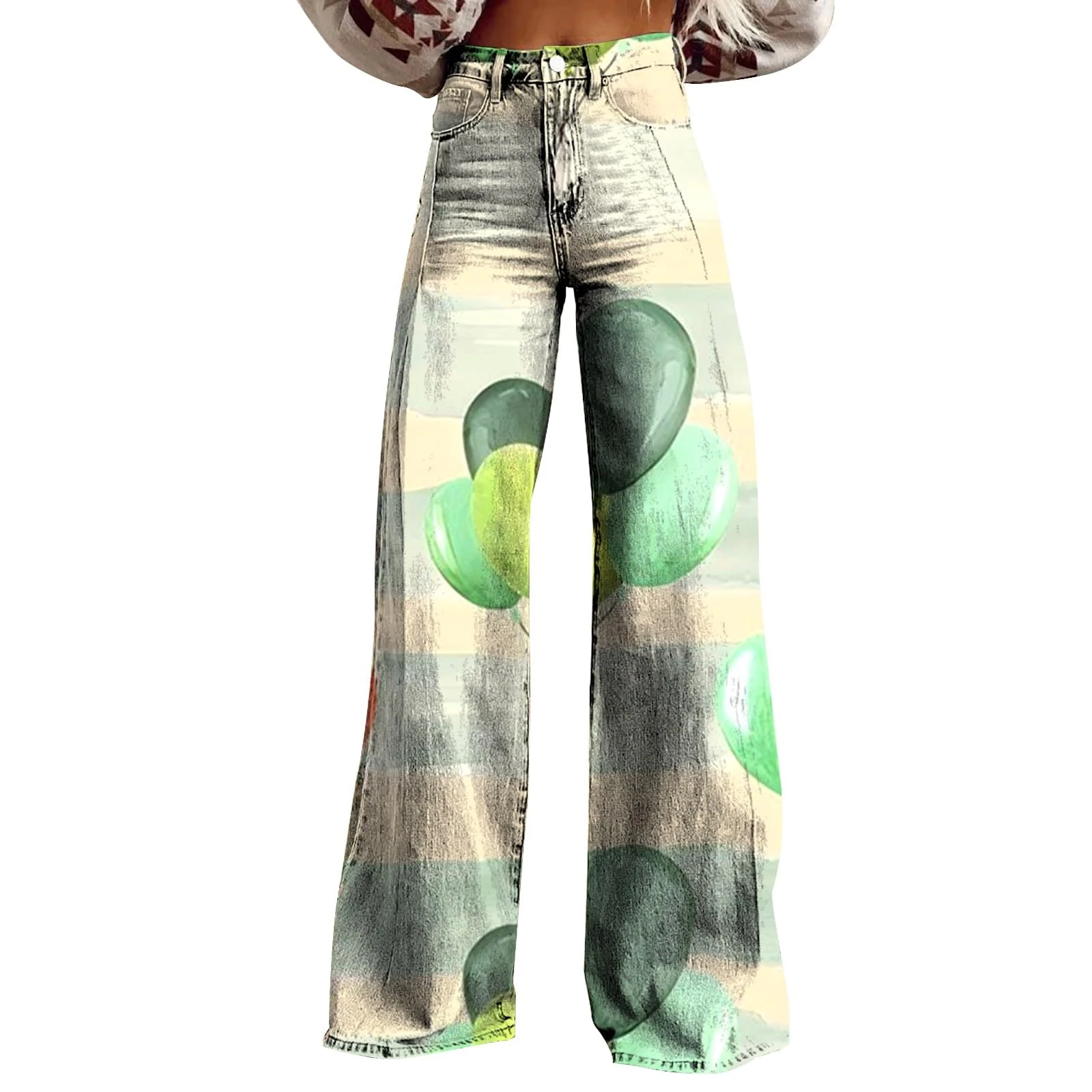 FNKDOR Wide Leg Pants Woman High Waist Floral Patterned Pants Lightweight Loose Fit Casual Colorful Trouser Imitation Jeans Big and Tall Beach Pants (1-Mint Green, M)