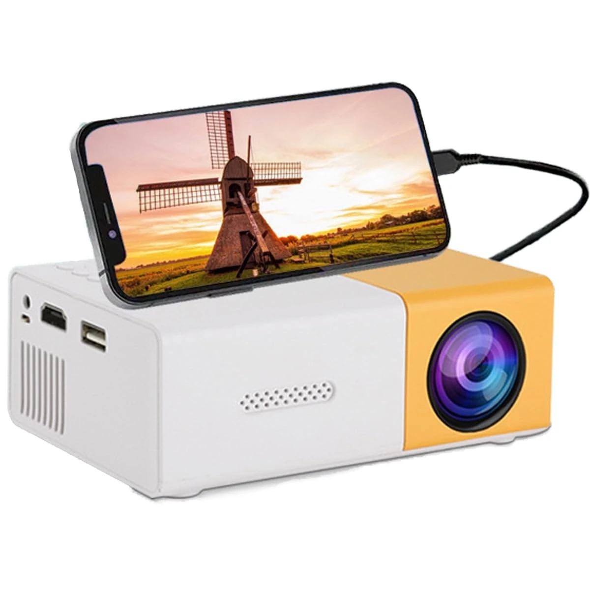 Mini Projector, Portable Phone Projector 1080P Full HD Support, Mini Projector for Bedroom with Remote Control, Compatible with HDMI/Audio/Smartphone/Tablet/PC/TV Stick/USB/AV (Yellow)