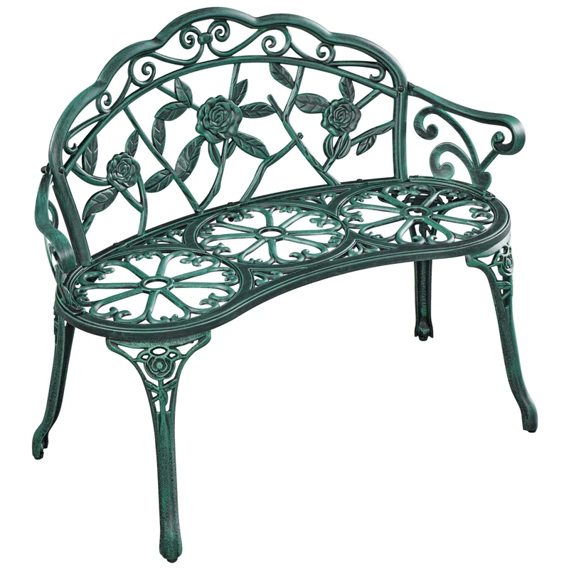 Yaheetech Garden Bench Outdoor Loveseat Metal Bench Outdoor Patio Furniture Seat with Rose Design, for Porch/Lawn/Yard, Green