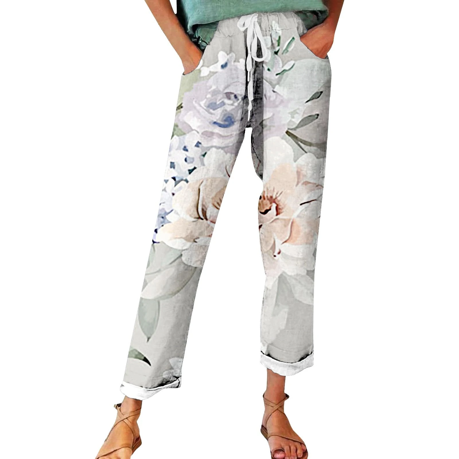 FNKDOR Women's Autumn Fragrant Linen Linen Vintage Floral Print Casual Pants – Perfect for Spring Comfortable and Trendy for Relaxed Days and Everyday Wear Womens Pants Casual Work High (Grey #7, L)