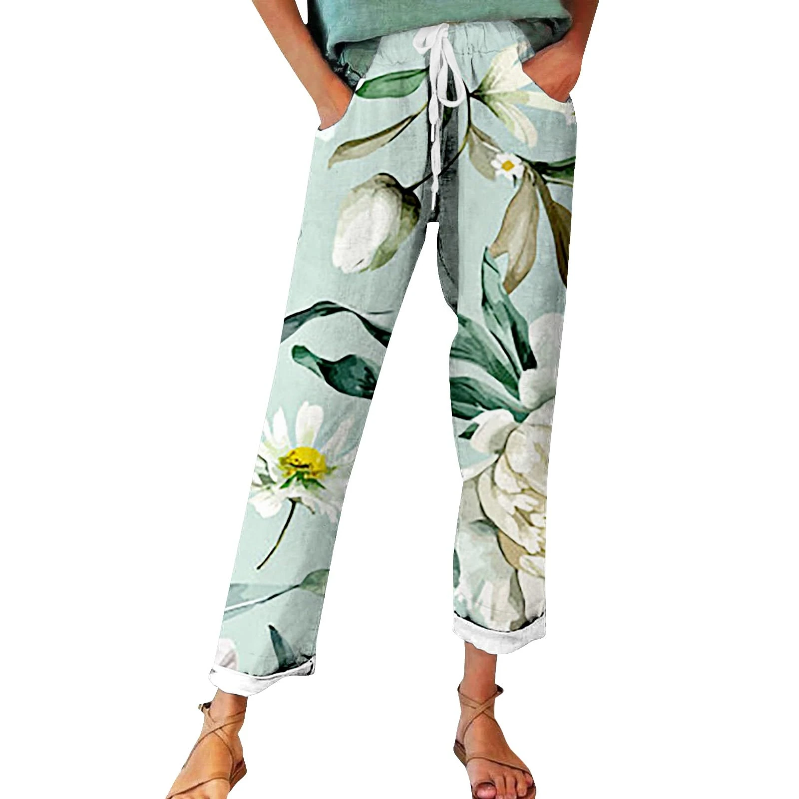 FNKDOR Women's Autumn Fragrant Linen Linen Vintage Floral Print Casual Pants – Perfect for Spring Comfortable and Trendy for Relaxed Days and Everyday Wear Womens Pants Casual Work High (Green #7, L)