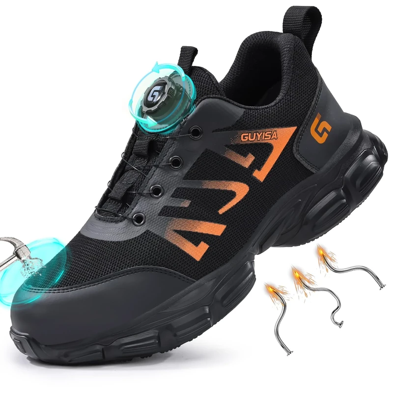 GUSAYEX Safety Trainers Men Steel Toe Cap Trainers Lightweight Safety Shoes Swivel Buckle Shoelace Comfortable Work Shoes Laceless Work Boots Men Rotary Button Steel Toe Cap Shoes Size 6