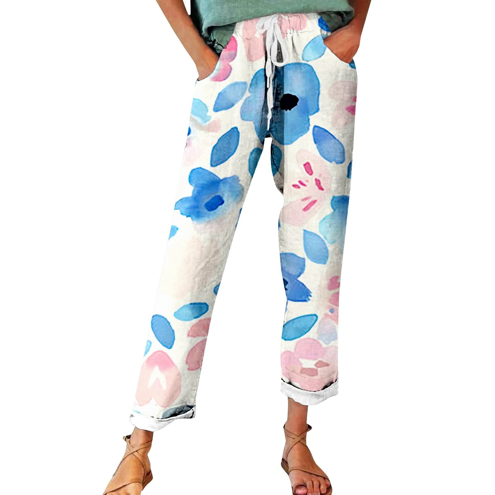 FNKDOR Women's Autumn Fragrant Linen Linen Vintage Floral Print Casual Pants – Perfect for Spring Comfortable and Trendy for Relaxed Days and Everyday Wear Womens Pants Casual Work (Light Blue #6, L)