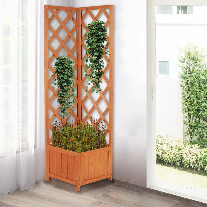 BAKAJI 40 x 40 x 145 cm Wooden Corner Planter with Trellis for Outdoor and Outdoor Garden Balcony Patio
