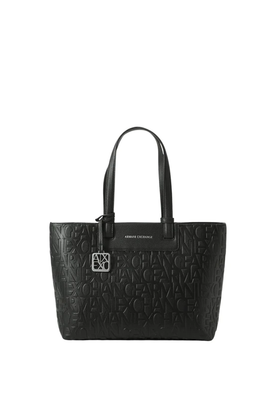 Armani Exchange Women's Liz Patent Embossed Logo Texture Shopping Bag, Black, TU