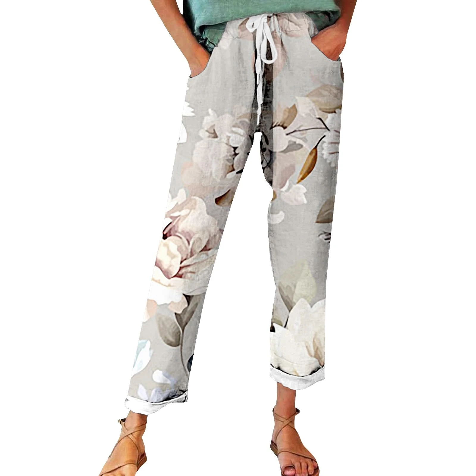 FNKDOR Women's Autumn Fragrant Linen Linen Vintage Floral Print Casual Pants – Perfect for Spring Comfortable and Trendy for Relaxed Days and Everyday Wear Womens Pants Casual Work High (Khaki #8, L)