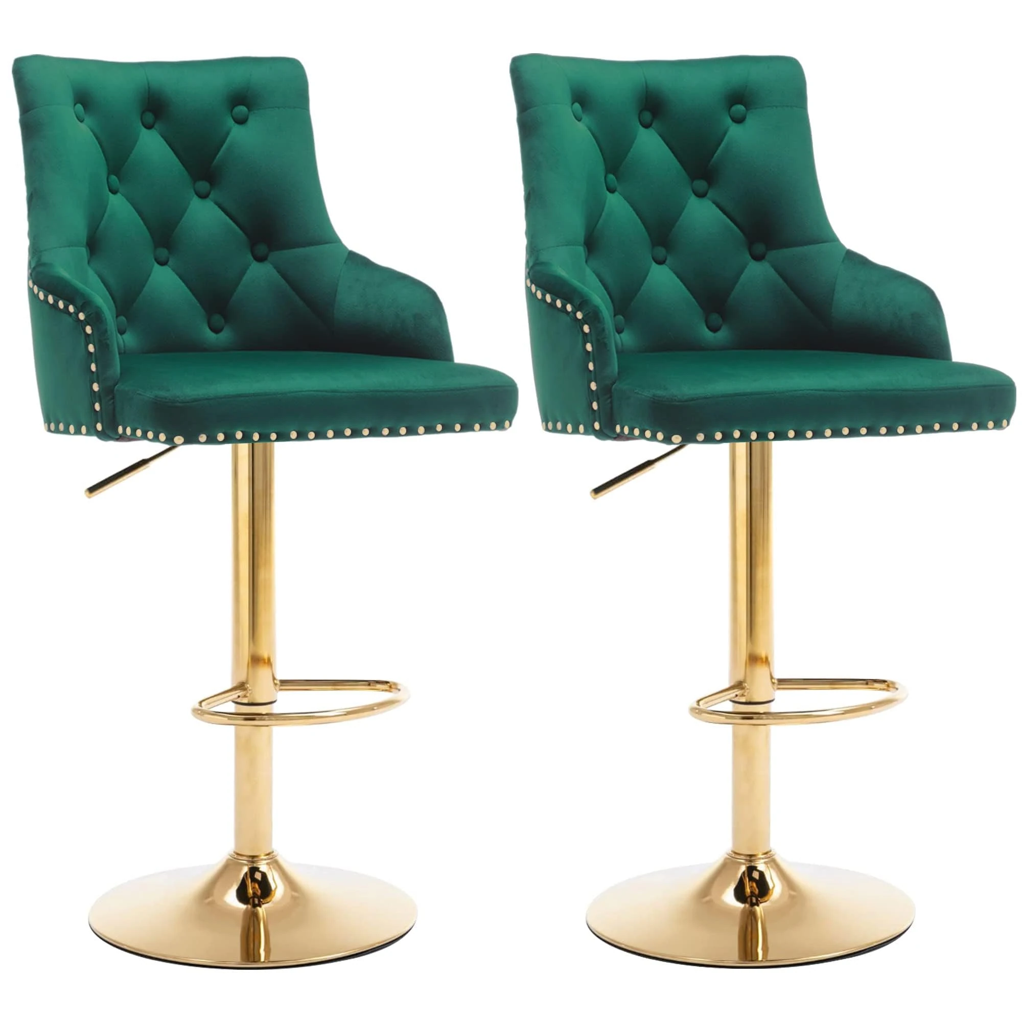 KEEPREAPER Bar Stool Set of 2 Velvet Adjustable with Tufted Backrest, Counter Height Swivel Stool Upholstered Modern Barstool Chair Chrome Base for Kitchen, Home Bar, Dining Room, (green-gold)