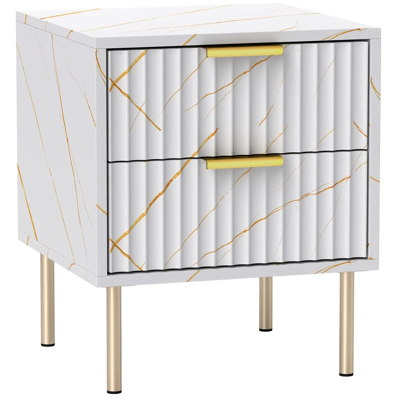 HOMCOM Marble Pattern Bedside Table, Fluted Bedside Cabinet with 2 Drawers, Side End Table with Steel Legs for Bedroom, White
