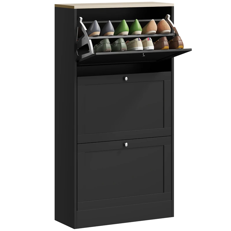HOMCOM Shoe Cabinet with 3 Flip Drawers, Narrow Shoe Storage Cabinet, Freestanding Slim Shoe Rack for Entryway, Hallway, Black