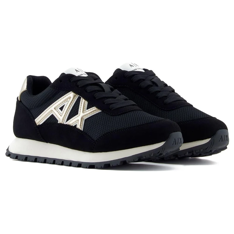 Armani Exchange Men's Side Geometric Logo Motifs Trainers, Black Pale Gold, 7 UK