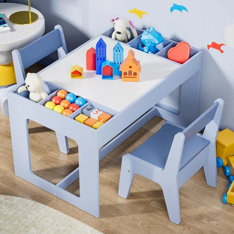 Clevich Kids Wooden Table and 2 Chairs Set with Storage Space and Reversible Tabletop, Kids Activity Table for Eating, Crafting and Playing, Toddler's Desk for Children's Room, School, Daycare (blue)