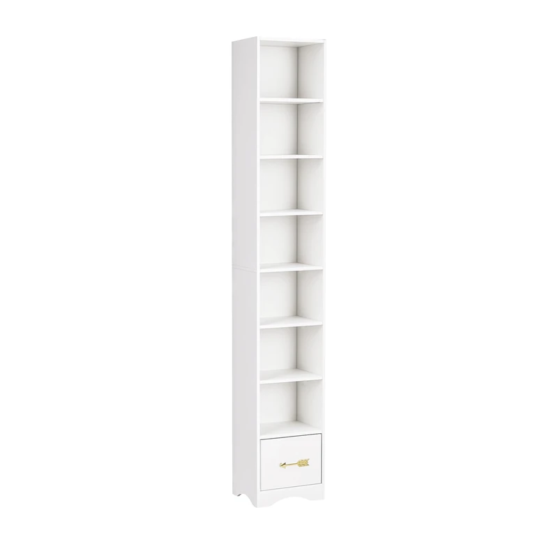 VECELO Tall Narrow Bookcase with Adjustable Shelves, 7 Tier Bookshelf Display Rack, Slim Storage Cabinet with Moisture Protection Base, Extra Drawer Storage, Space-Saving Design for Home Office, White