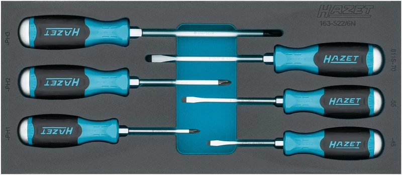 HAZET Screwdriver Set 163-522/6N, 6 Pieces, Slotted (0.8 x 4.5-1.2 x 7) and Phillips PH1-PH3, with Metal Impact Cap for Powerful Applications - Image 1