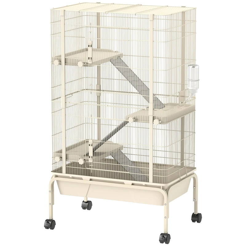 PawHut Rolling Rabbit Cage, 4 Level Rolling Rat Cage with 3 Ramps, Water Bottle, Food Dish, 15cm Deep Tray for Easy Cleaning, Small Pet Cage for Ferrets, Chinchillas, Squirrel, Syrian, Beige - Image 1