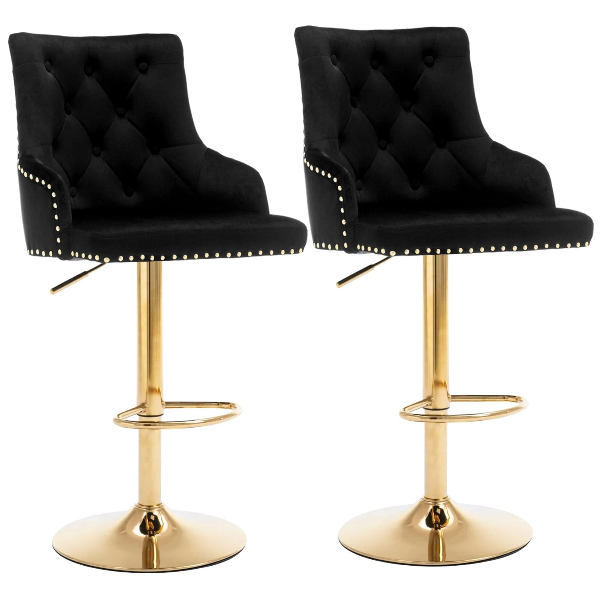 KEEPREAPER Bar Stool Set of 2 Velvet Adjustable with Tufted Backrest, Counter Height Swivel Stool Upholstered Modern Barstool Chair Chrome Base for Kitchen, Home Bar, Dining Room, (Black-Gold)