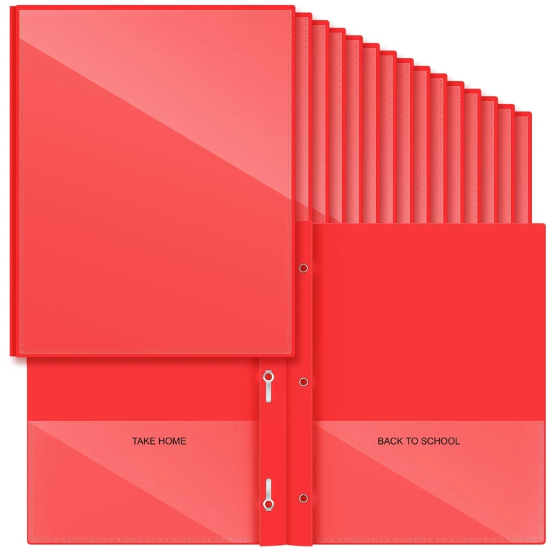 Henoyso 48 Pcs Plastic Folders with Clear Front Pocket and 3 Prong Take Home Plastic 2 Pocket Folder Back to School for Students Parent Teacher Communication for School Office (Red)