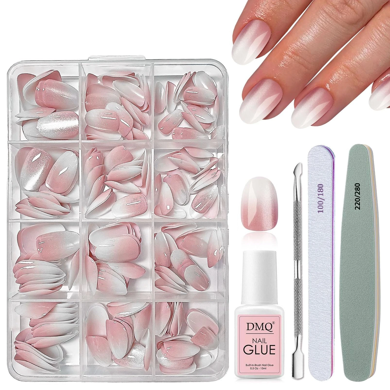 DMQ Cat Eye Press On Nails Kit with Glue, 240pcs Almond Natural Pink Gradient Glitter False Nails, Short Oval, 12 Sizes, Glossy Full Cover Stick On Nails for Women Nails Art