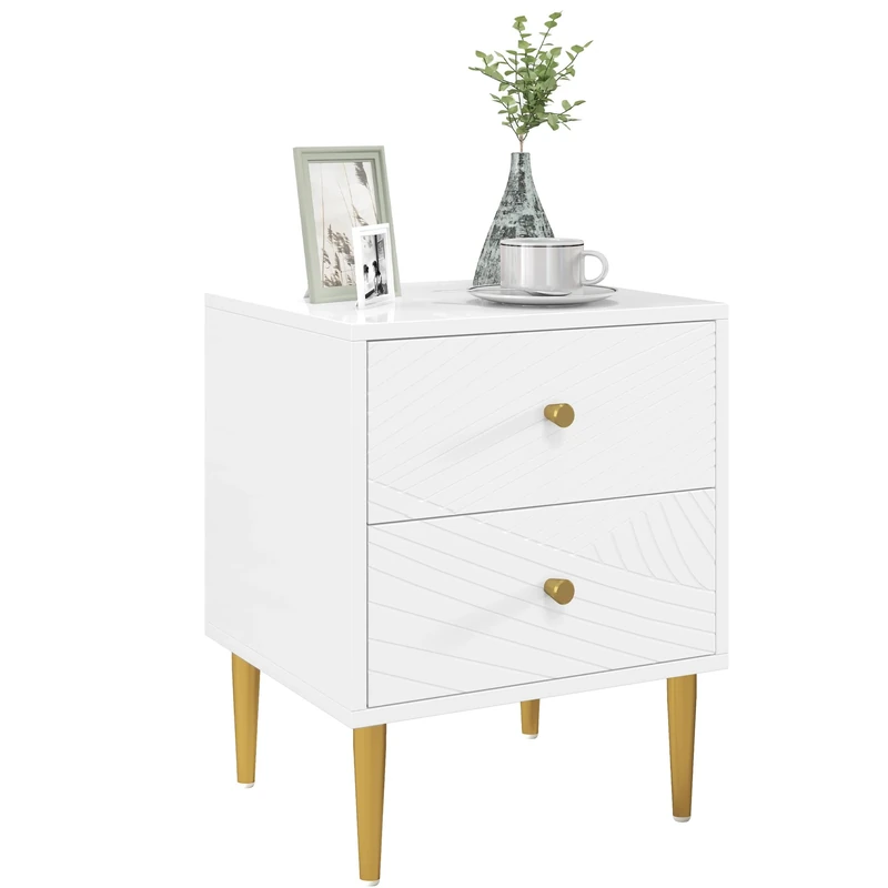 HOMCOM Bedside Table with 2 Drawers, Modern Side Table with Curved Line Panels and Metal Legs for Bedroom, Living Room, White