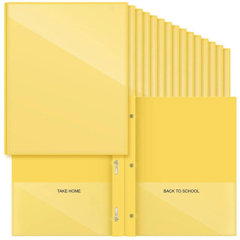 Henoyso 48 Pcs Plastic Folders with Clear Front Pocket and 3 Prong Take Home Plastic 2 Pocket Folder Back to School for Students Parent Teacher Communication for School Office (Yellow)