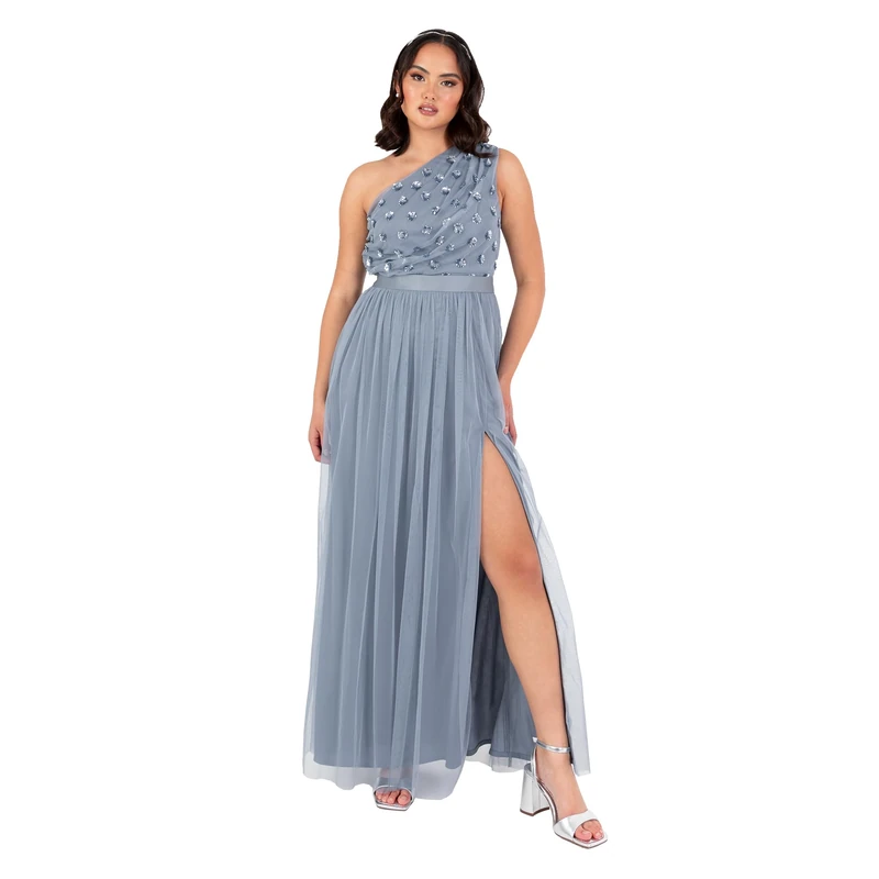 Maya Deluxe Women's Maxi Dress Ladies One Shoulder Sleeveless Floral Sequin Embellished Sash Tie Belt Tulle A-line Split Bridesmaid, Dusty Blue 14