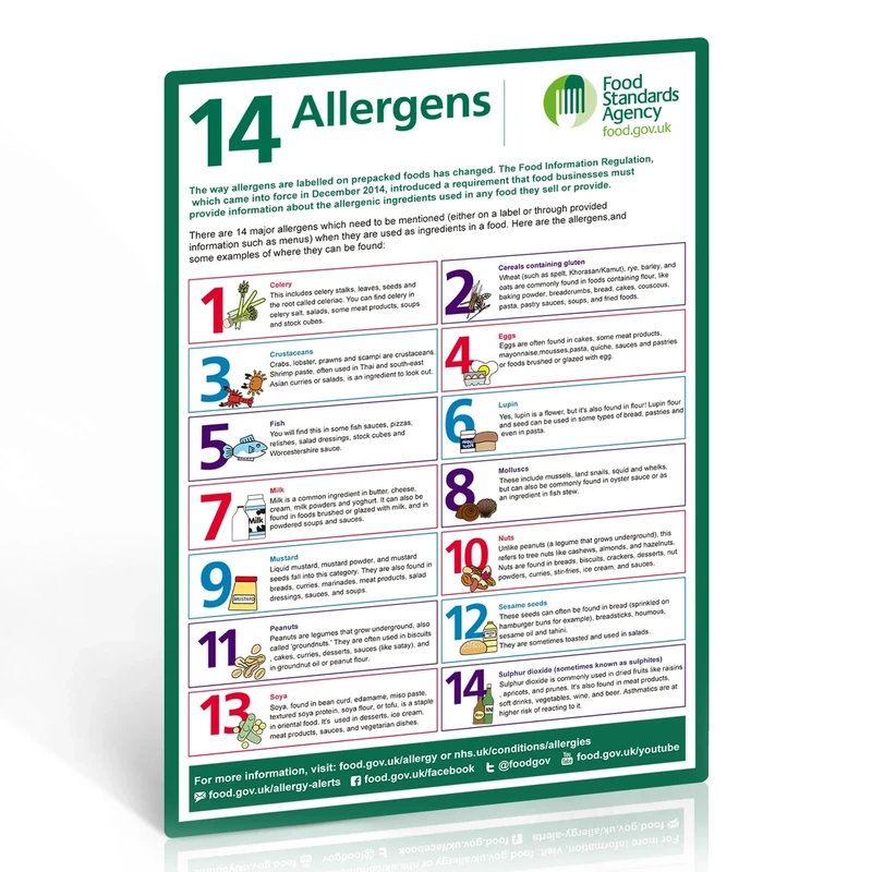 14 Food Allergens Poster 1 Pack – A4 Self-Adhesive Vinyl Sign (297x210mm), Waterproof Oil-Resistant UV Printed, FSA Compliant Allergy Awareness Notice for Kitchens, Restaurants & Takeaways