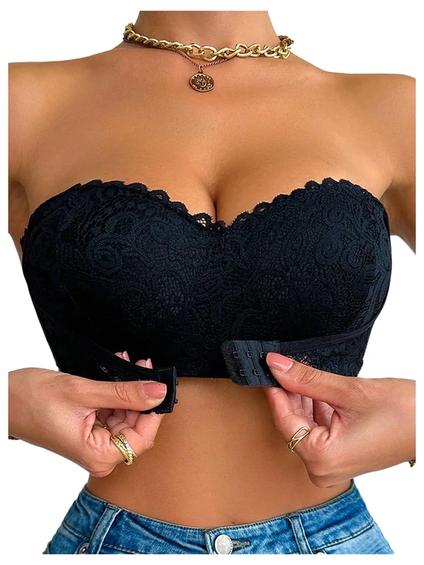 GORGLITTER Women's Strapless Push Up Front Fastening Bra No Underwire Wireless Scalloped Sexy Lace Bras Black 34A