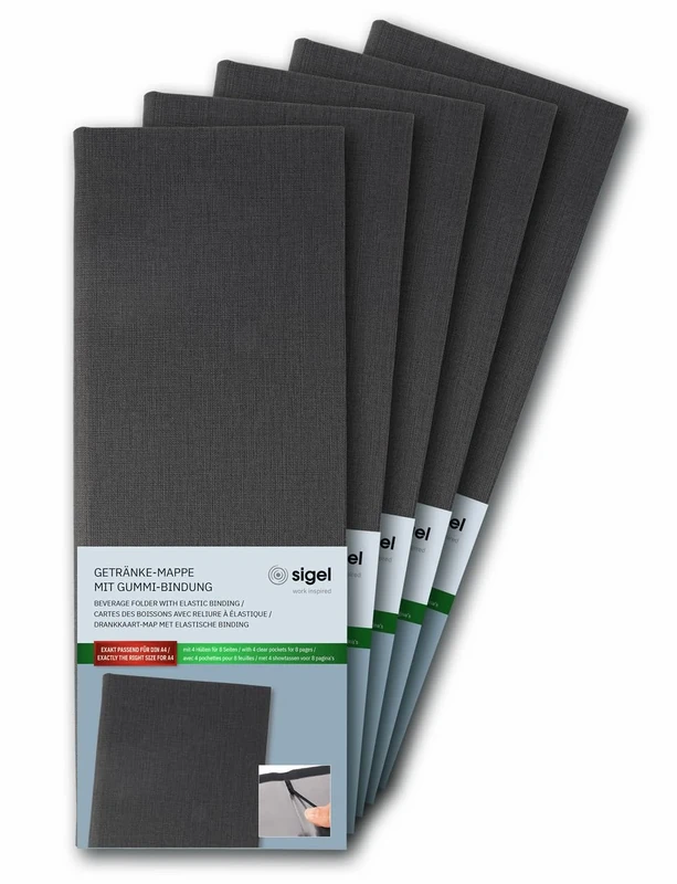 SIGEL GM101 Beverage Folder - 1 Piece - incl. 2 Double Clear Pockets for 8 Pages - Rubber Binding - 1/2 A4 - Anthracite - Pack of 5