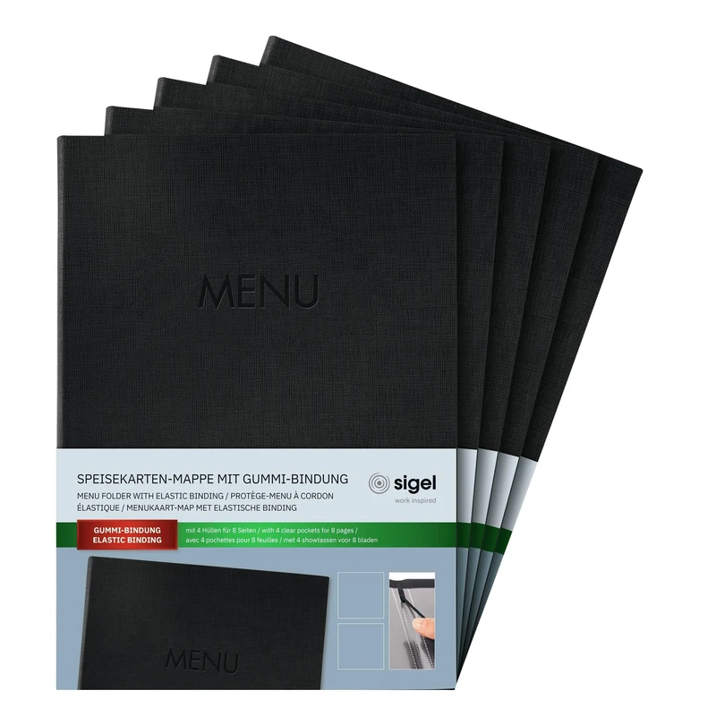 SIGEL SM202 Menu Folder - 1 Piece - incl. 2 Double Clear Pockets for 8 Pages - Rubber Binding - A4 - Black - Pack of 5