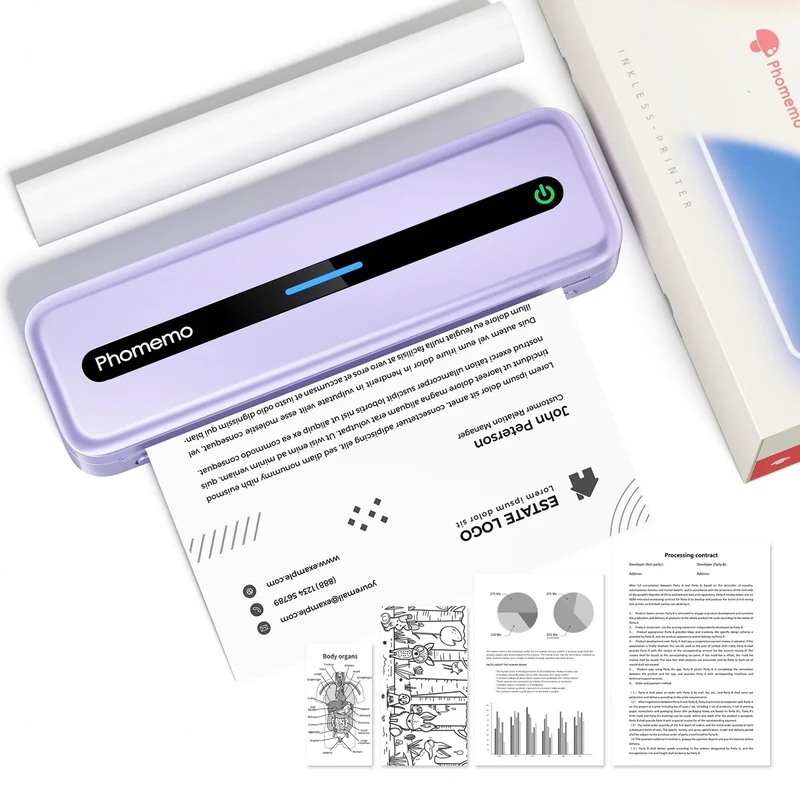 Phomemo M832 Portable Printer, 300dpi Thermal Printer A4 Compatible with Phone & Laptop, Wireless Inkless Printers for Home, Photo, Study, Business Trip, Bluetooth Monochrome Printer, Purple