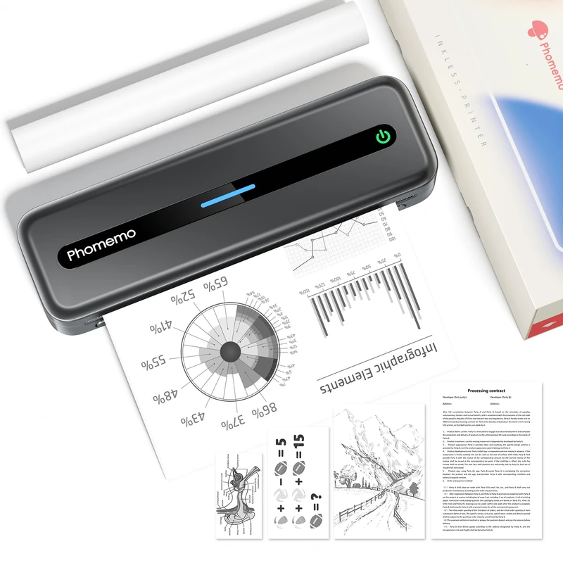 Phomemo M832 Portable Printer, 300dpi Thermal Printer A4 Compatible with Phone & Laptop, Wireless Inkless Printers for Home, Photo, Study, Business Trip, Bluetooth Monochrome Printer, Gray