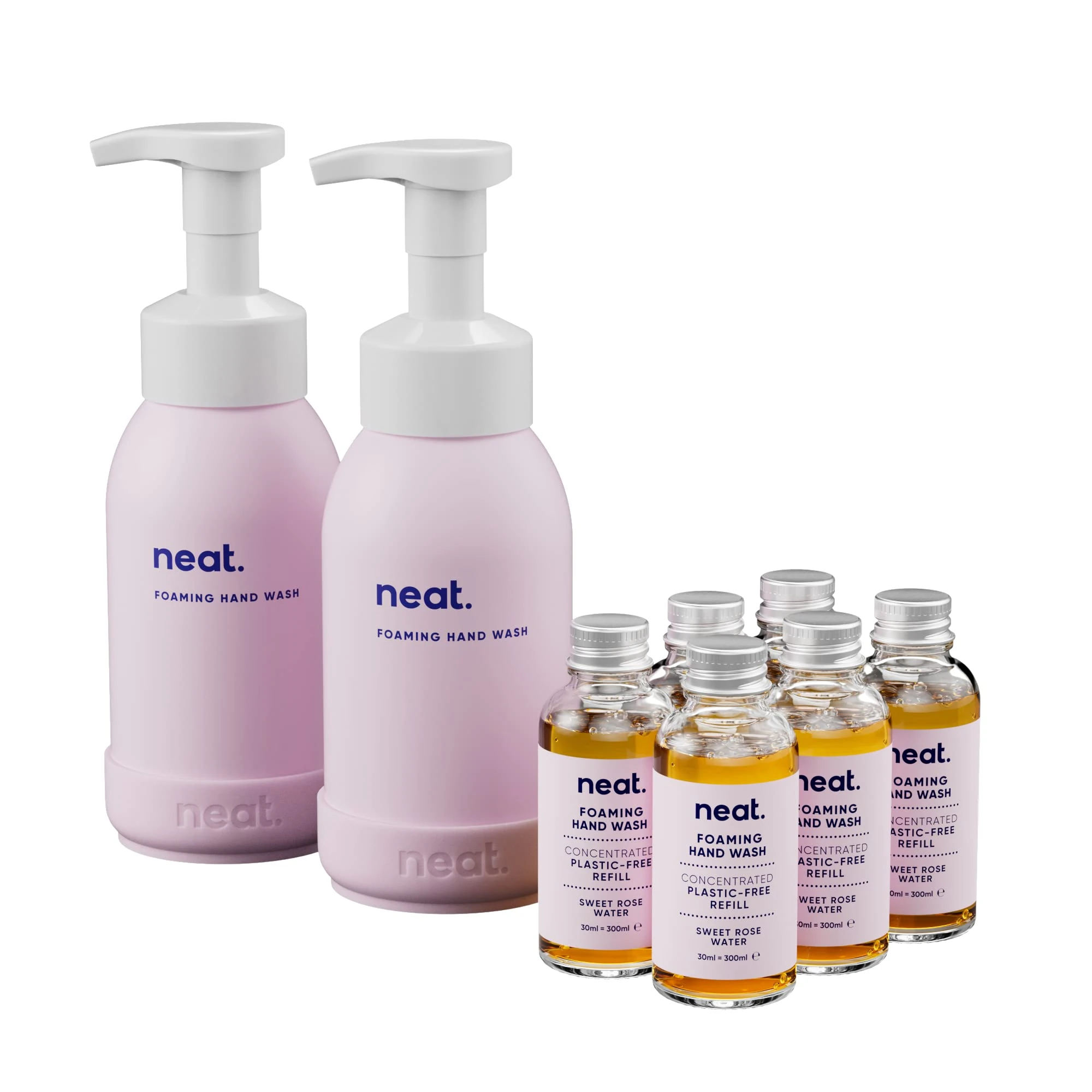 Neat Foaming Hand Wash Refill Bundle | 2 Refillable Aluminium Hand Wash Bottles and 6 Concentrated Plastic-Free Refills (Sweet Rose Water)
