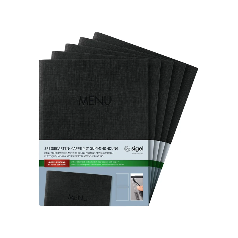 SIGEL SM203 Menu Folder - 1 Piece - incl. 2 Double Clear Pockets for 8 Pages - Rubber Binding - A5 - Black - Pack of 5