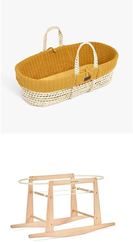 The Little Green Sheep Bundle - Knitted Moses Basket & Mattress, Honey Colour + Rocking Moses Basket Stand, Natural Colour