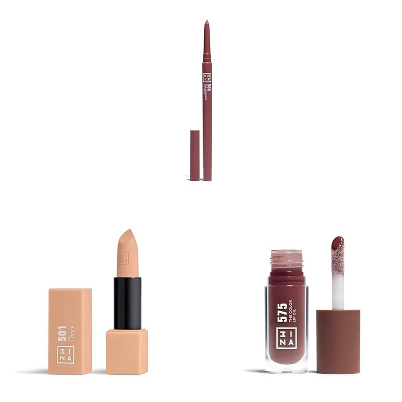 3INA MAKEUP - The Automatic Lip Pencil 565 + The Lipstick 501 + The Color Lip Oil 575 - Medium brown red Lip Liner + Cream Lipstick + Coffee brown Lip Gloss - Vegan - Cruelty Free
