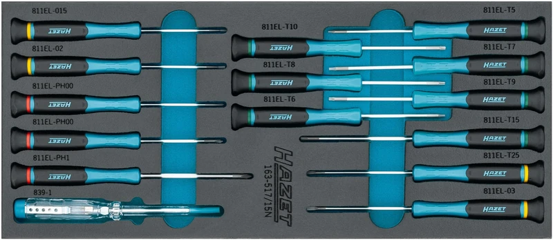 HAZET Electronic Screwdriver Set 163-517/15N, 15 Pieces, PH00-PH1, T5-T15, Slotted, Phillips, Torx, Inside, with Phase Tester, for Precise Work