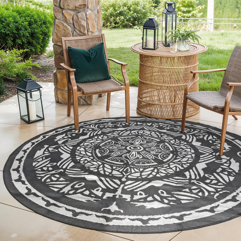 EVOCAMP Outdoor Rug Round Diameter 240 cm Plastic Weatherproof Lightweight Picnic Blanket for Outdoor Patio Balcony