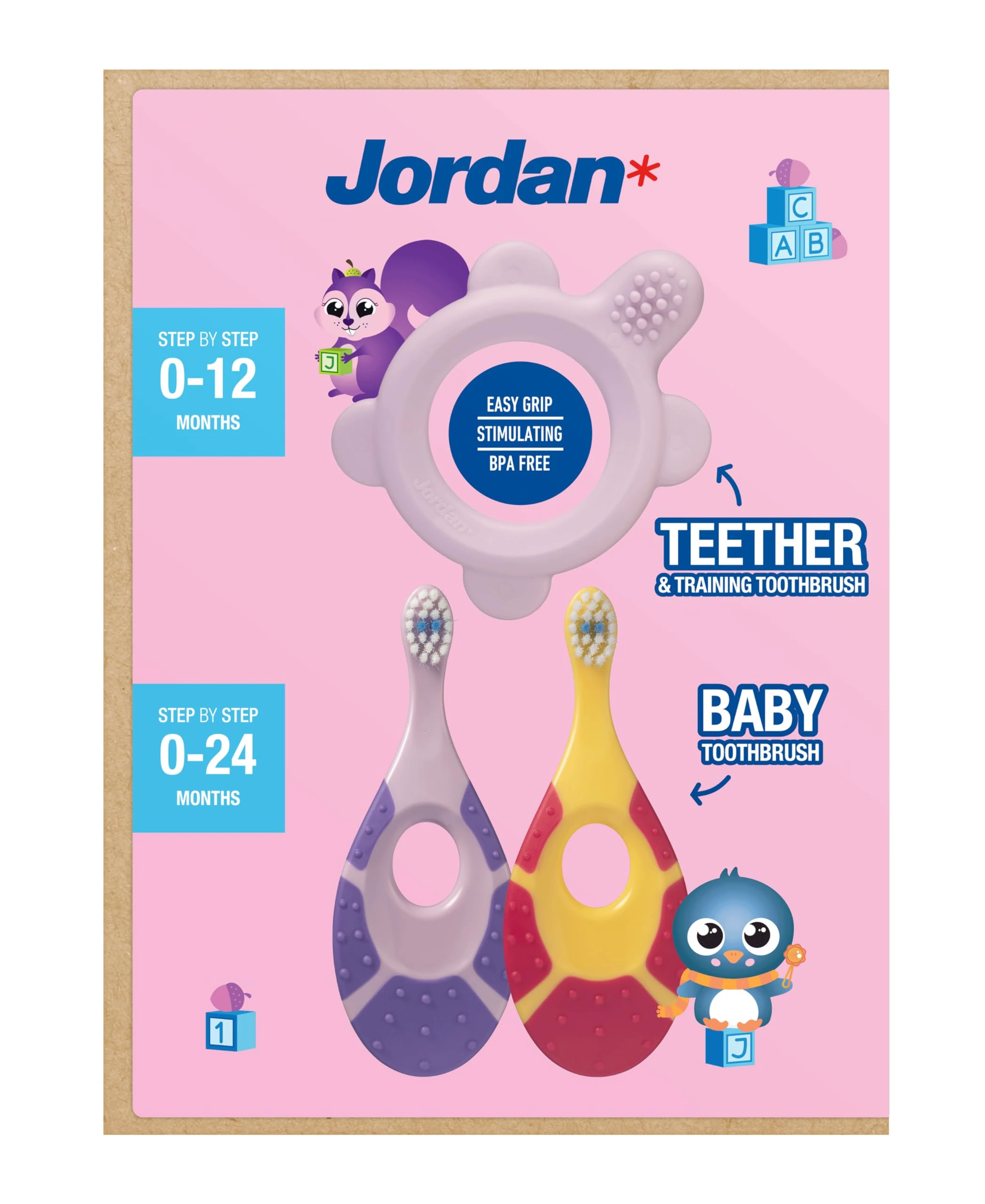Jordan ® | Step 0 Teether & Training Toothbrush | BPA-Free, Hygienic, 2-in-1 Teething & Early Brushing Solution for Babies | Pink | 1 Teether + 2 Step 1 Baby Toothbrush
