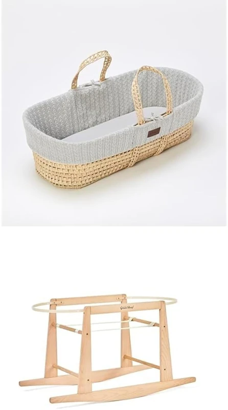 The Little Green Sheep Bundle - Knitted Moses Basket & Mattress, Dove Colour + Rocking Moses Basket Stand, Natural Colour