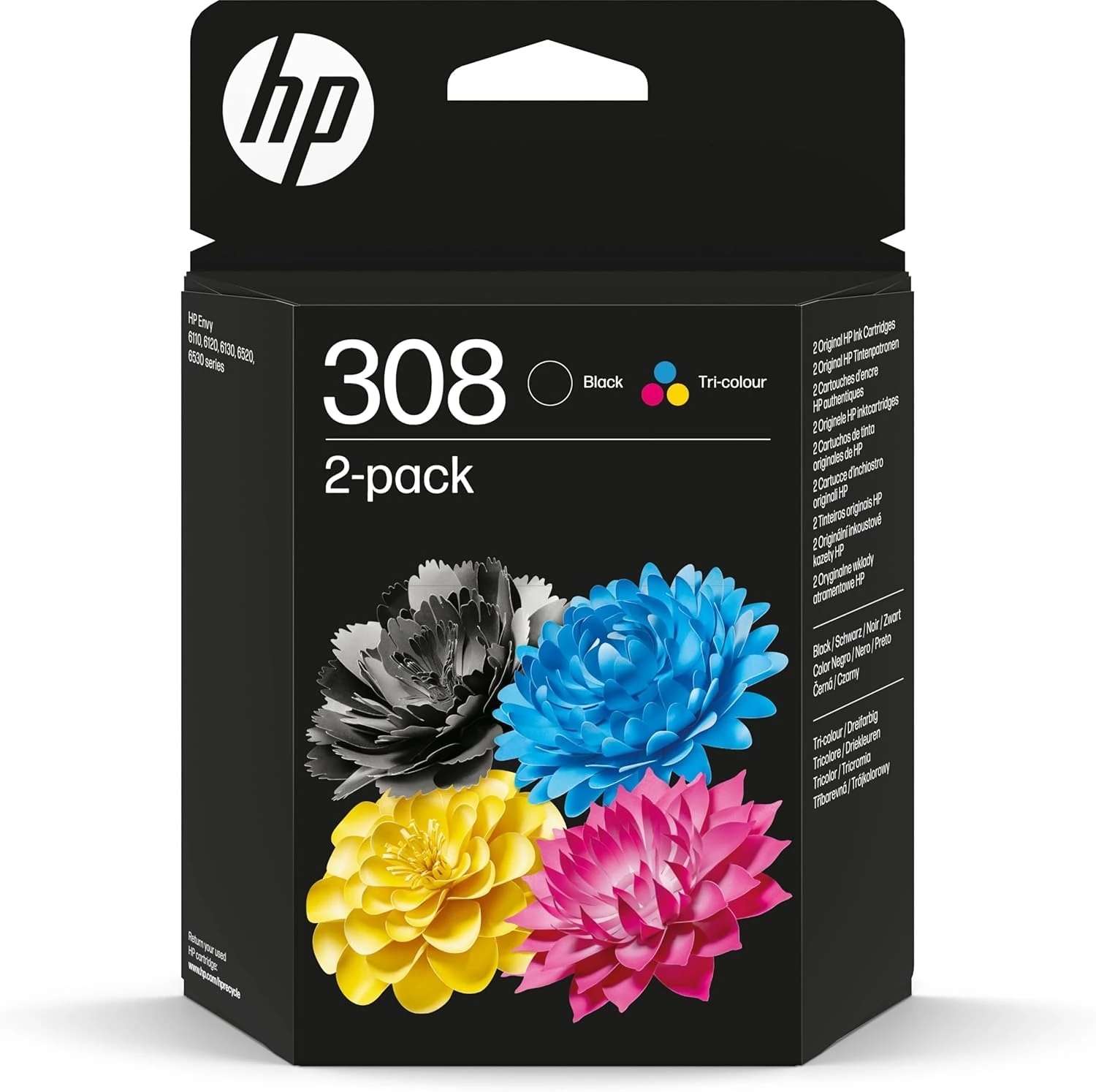 HP 308 Black/Tri-Colour Original Ink Cartridges (6L6S6UE), Pack of 2 - For HP Envy 6120e 6122e 6130e 6520e 6530e