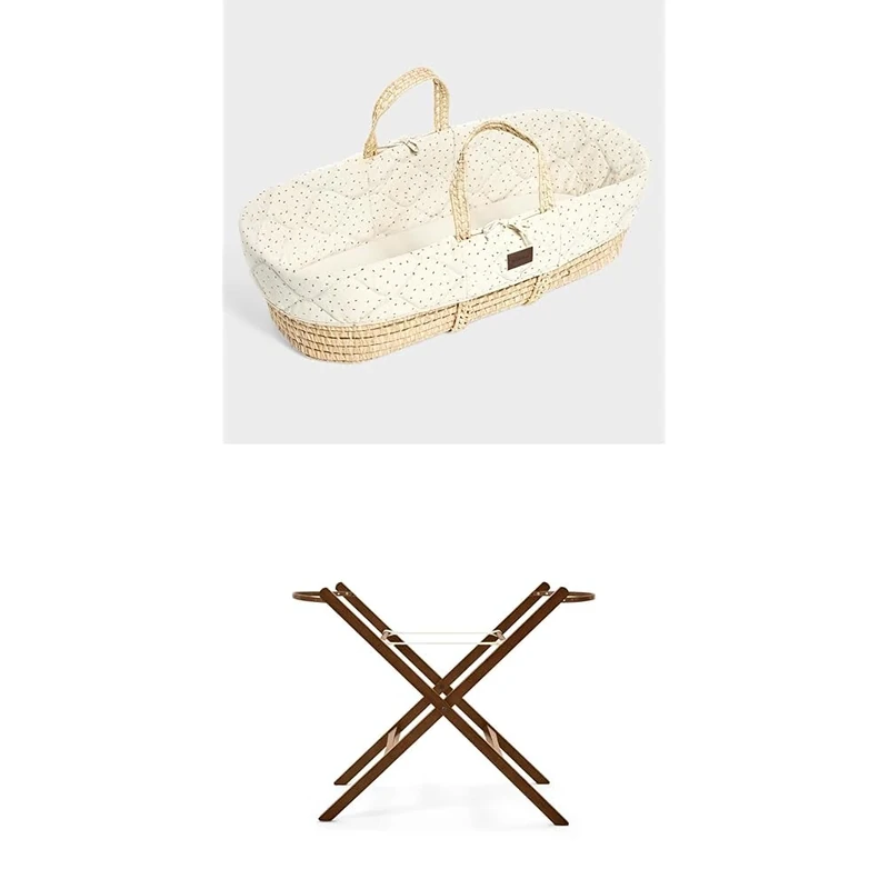 The Little Green Sheep Bundle - Quilted Moses Basket & Mattress, Linen Rice Colour + Folding Moses Basket Stand, Natural Colour