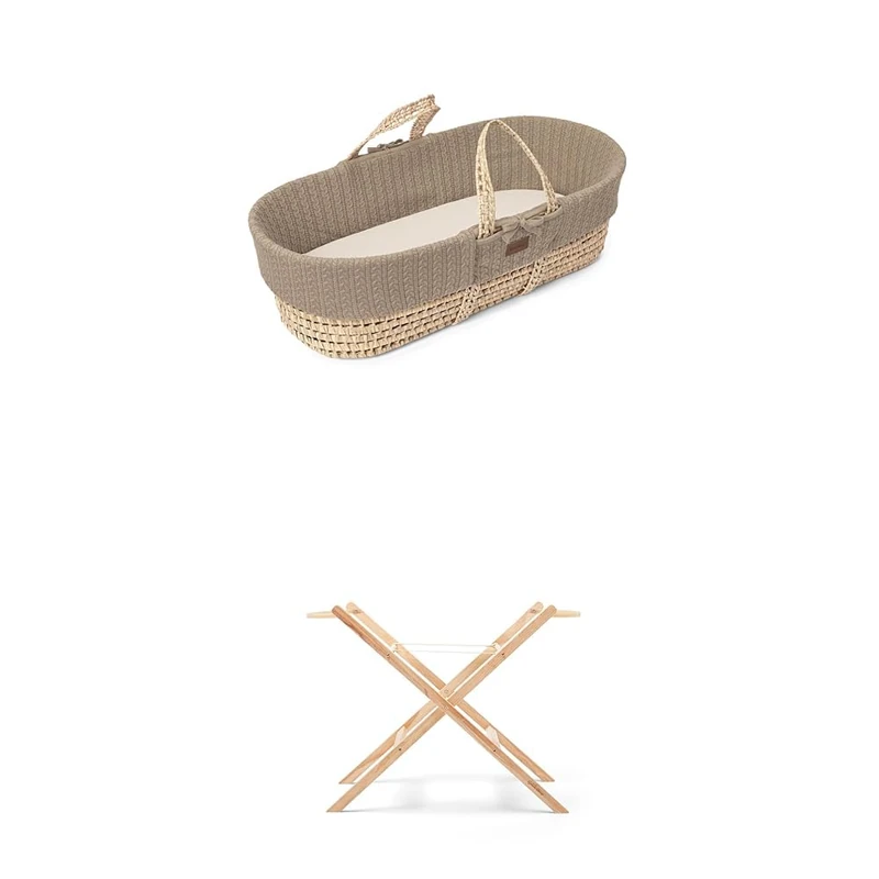 The Little Green Sheep Bundle - Knitted Moses Basket & Mattress, Truffle Colour + Rocking Moses Basket Stand, Natural Colour