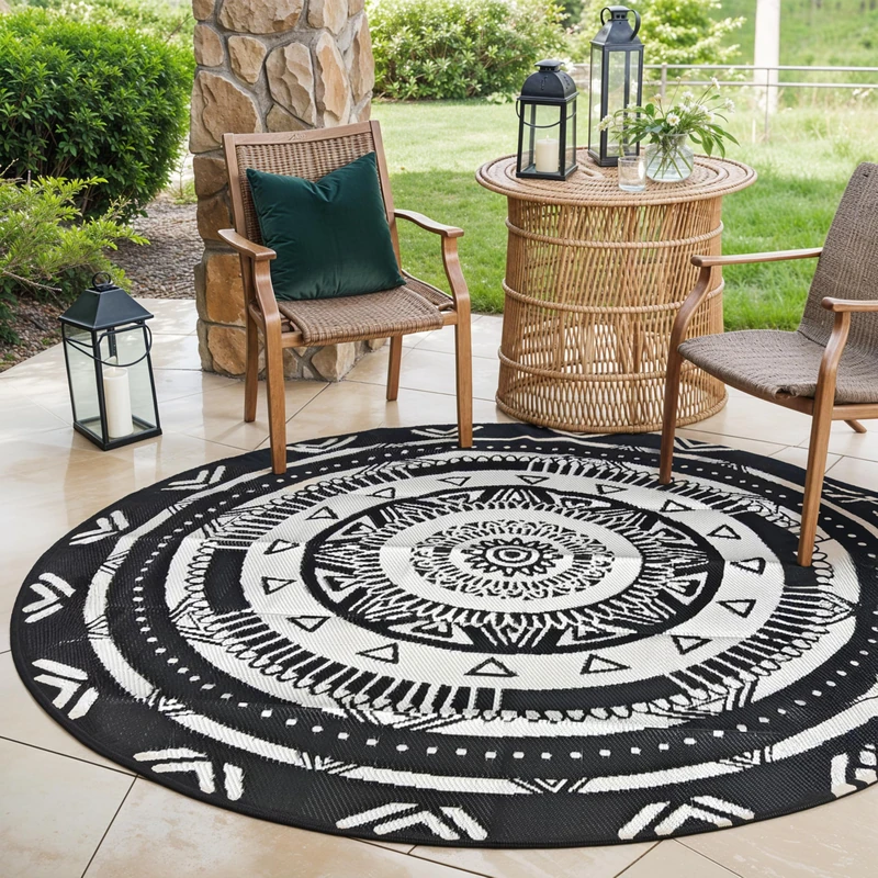 EVOCAMP Outdoor Rug Round Diameter 240 cm Plastic Weatherproof Lightweight Picnic Blanket for Outdoor Patio Balcony