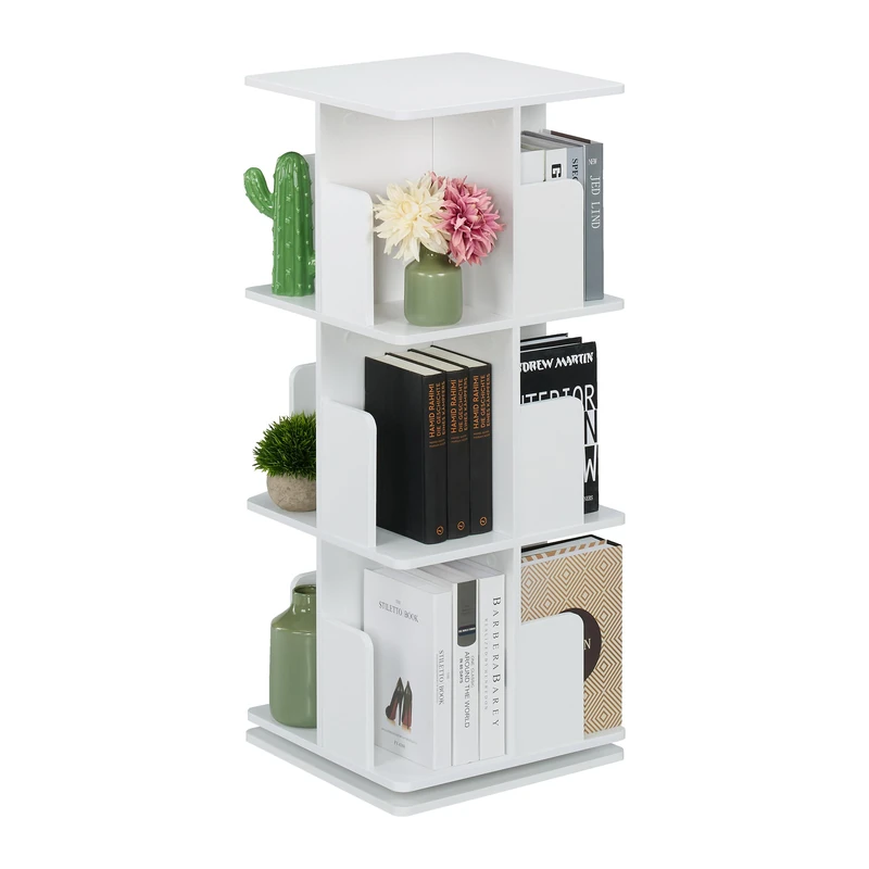 Relaxdays Rotating Bookcase, 360-Degree Swivel, 3-Tier Bookshelf, HWD: 95 x 39 x 39 cm, Living Room Storage, White, Steel, Fibreboard