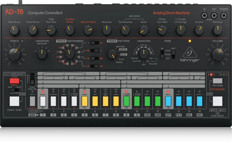 Behringer RD-78 Classic Analog Drum Machine with 15 Drum Sounds, 34 Rhythm Presets, 16-Step Sequencer for Music Production and Live Performance