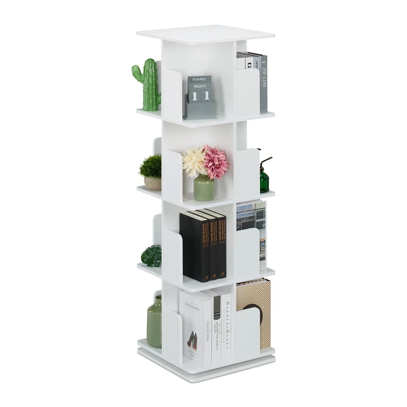 Relaxdays Rotating Bookcase, 360-Degree Swivel, 4-Tier Bookshelf, HWD: 125.5 x 39 x 39 cm, Living Room Storage, White, Fibreboard, Steel