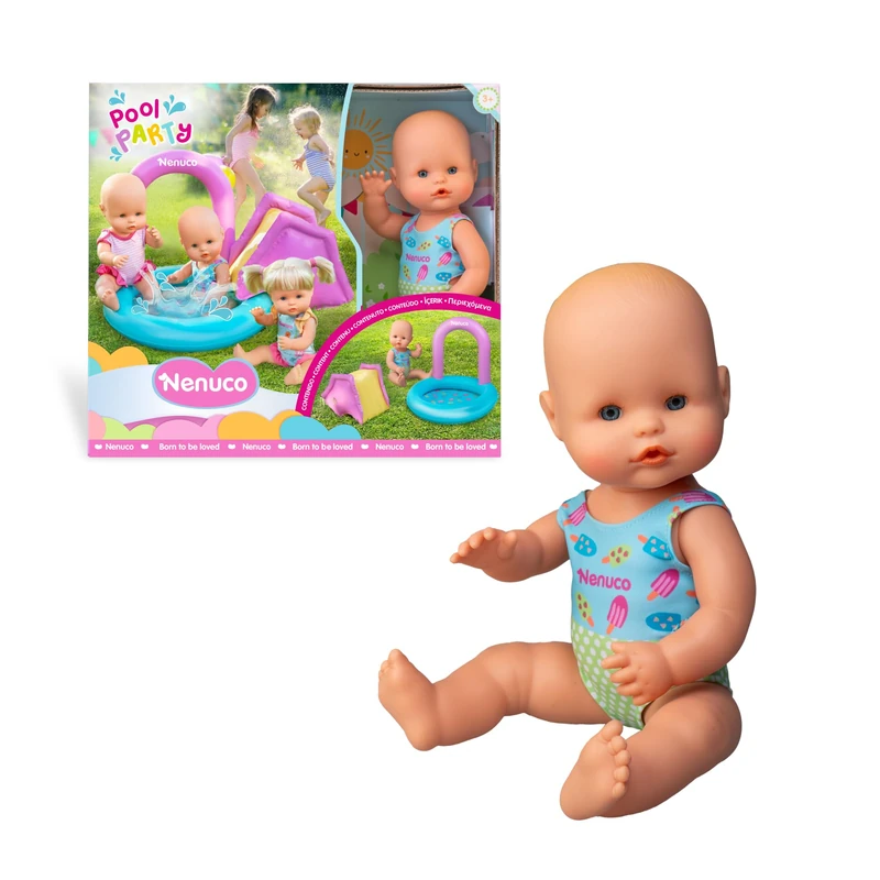 Nenuco Pool Party, 35cm Baby Dolls with Their Own Inflatable Pool with Slide, Hard Body with Printed Swimsuit, Fill the Water Pool and Slide the Doll, Famous (NFNB5000)