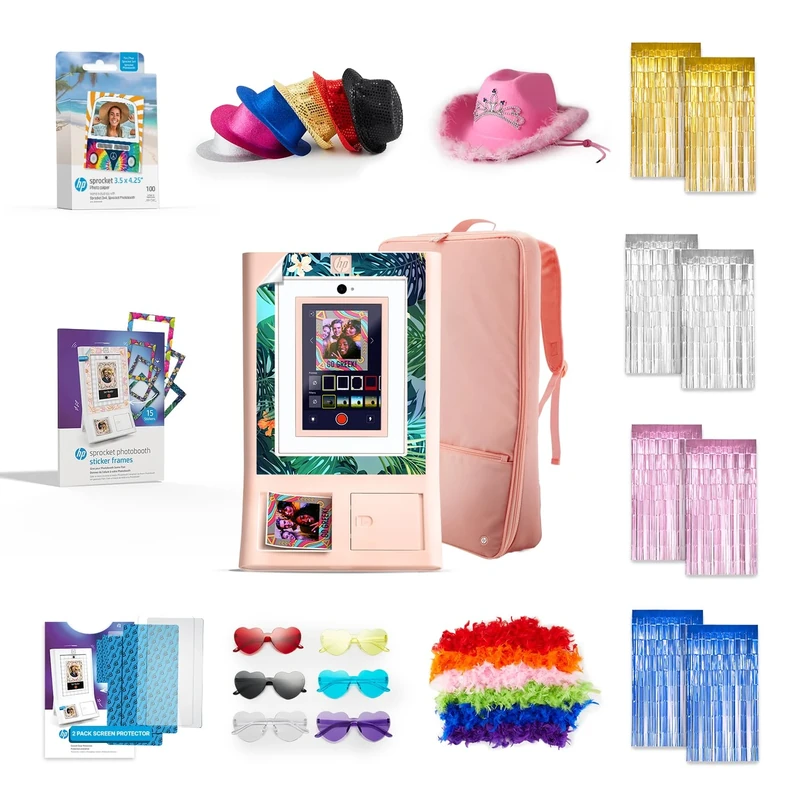 HP Sprocket Photo Booth Machine Instant Color Photo Printer (Pink) + Zink Paper (100 Sheets) + Fedoras (6)+ Glasses (6)+ Boas (6)+ Pink Hat (1) & more